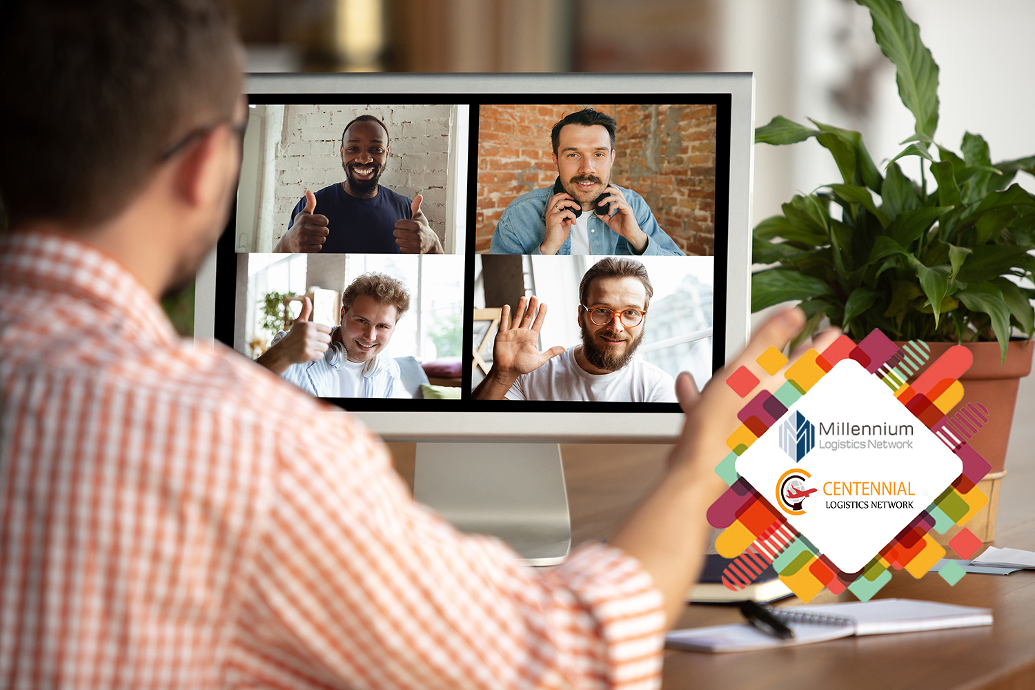 Remote meeting. Man working from home during coronavirus or COVID-19 quarantine, remote office concept. Young businessman, manager in front of monitor during online conference with colleagues and team.